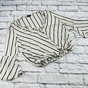 Fashion Magazine Striped Black and White Women's Top 3/4 Sleeve Wrap Front